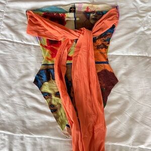 90s Jean Paul Gaultier Artistic Bodysuit with Orange mesh scarf